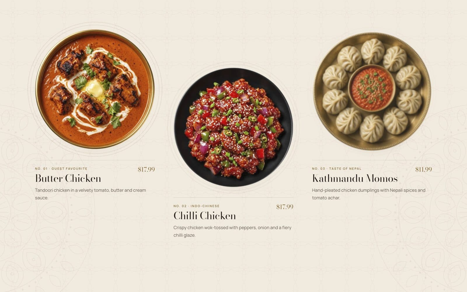 Swagat signature dishes: butter chicken, chilli chicken and momos