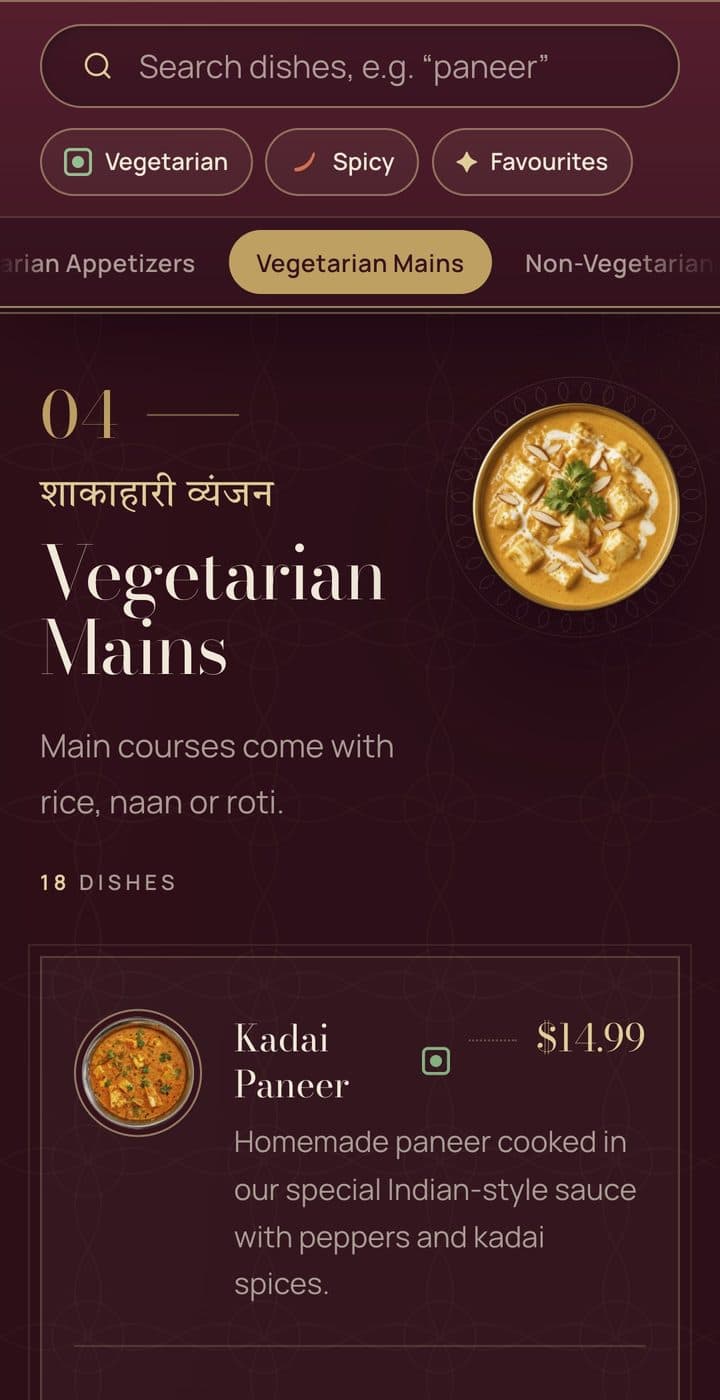 Swagat menu with filters on a phone