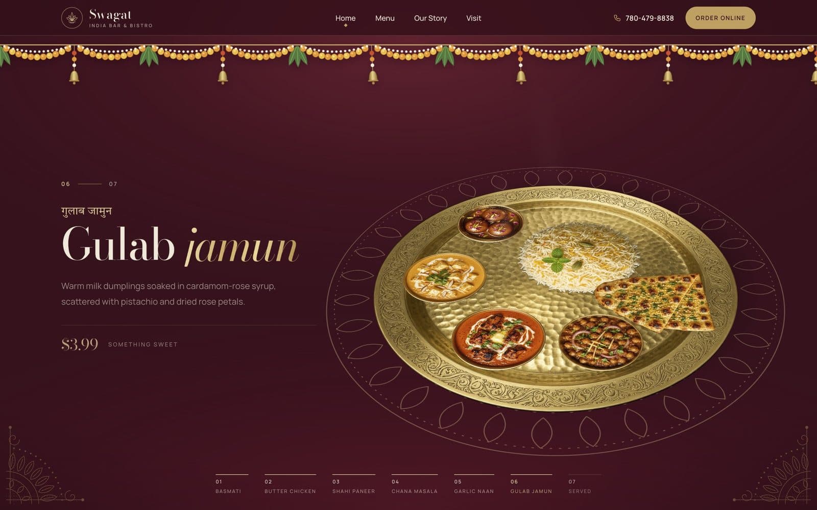 Swagat homepage brass thali filled with six dishes