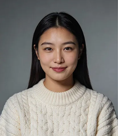Portrait of Bharti Bhadana, Brand and Design Lead — young woman with long black hair in a white sweater.