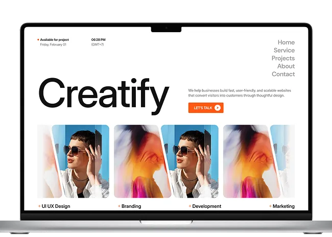 Laptop screen showing a webpage for Creatify with navigation links and images representing UI/UX Design, Branding, Development, and Marketing services.