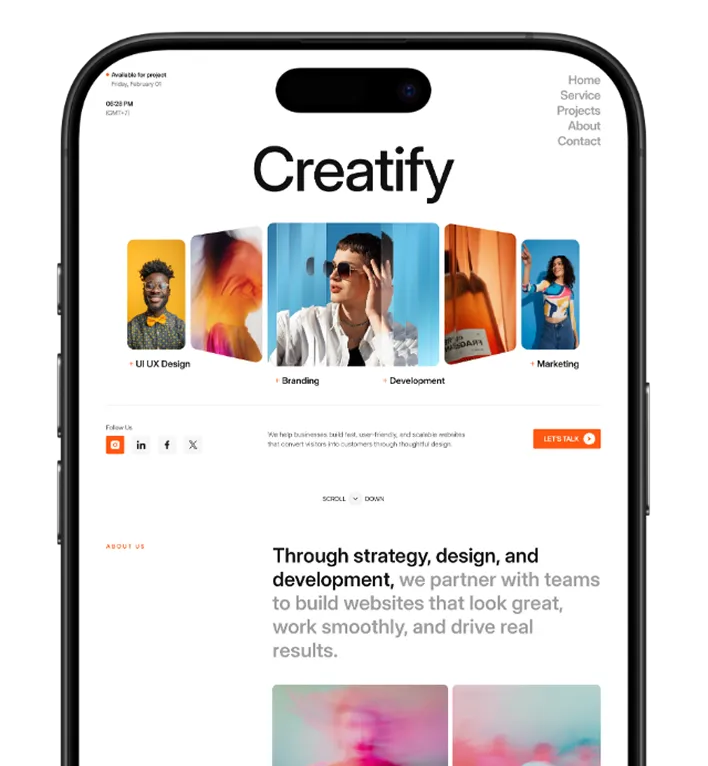 Smartphone screen showing Creatify website homepage with categories UI/UX Design, Branding, Development, Marketing and navigation links Home, Service, Projects, About, Contact.