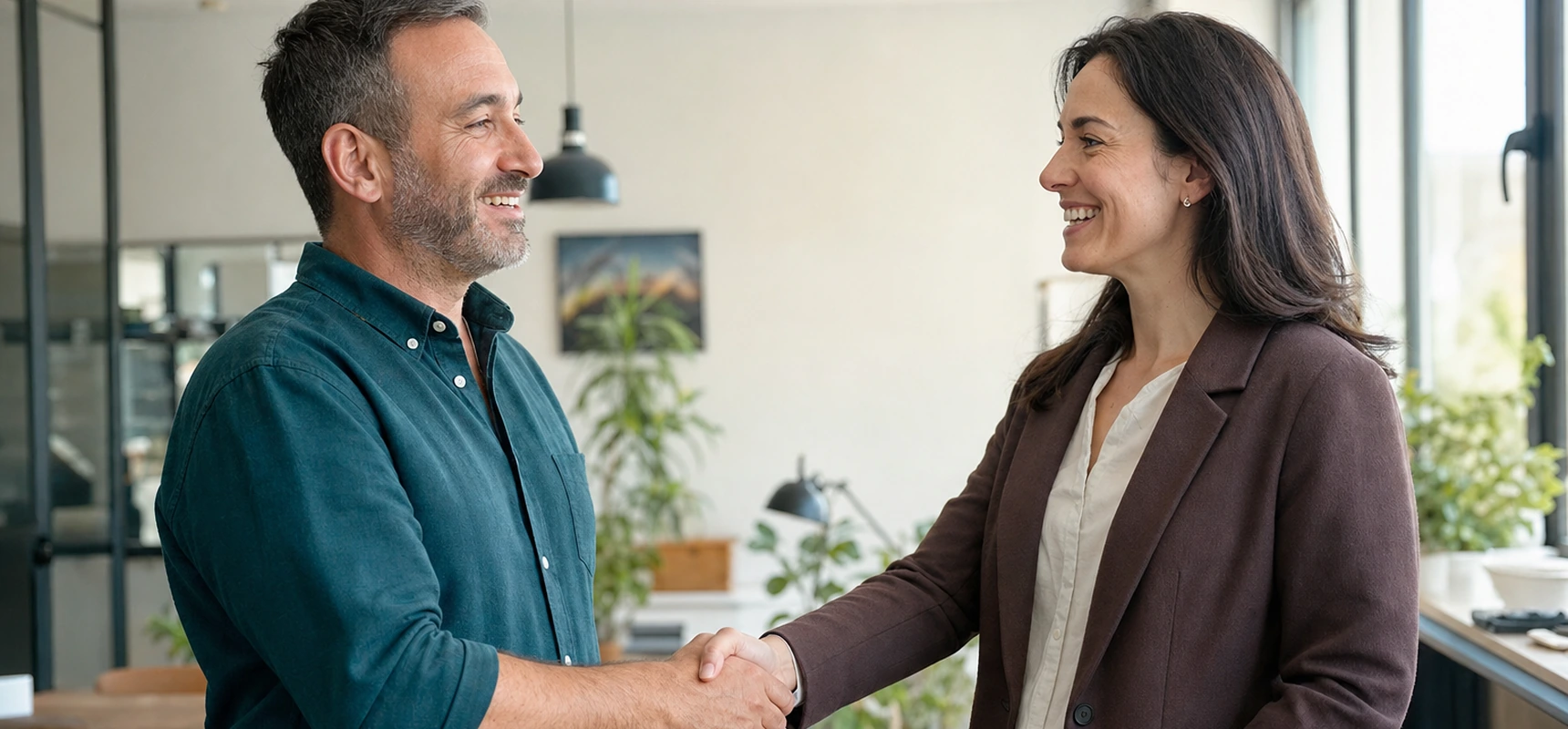 Business owner and consultant smiling while shaking hands in a bright office.