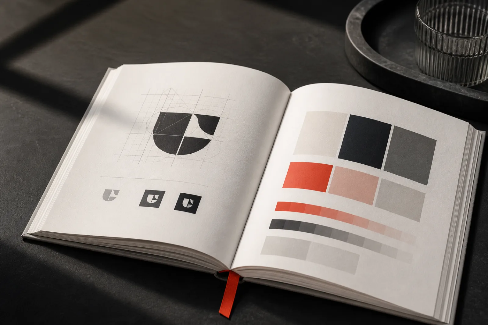 Brand strategy guidelines book open to a logo grid and colour palette page