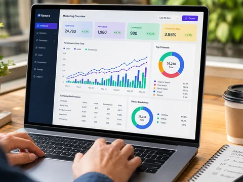 Colorful 3D upward growth arrow rising over ascending bar charts and coins.