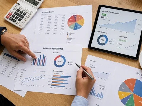 Hand pointing at a glowing screen filled with colorful business growth analytics.