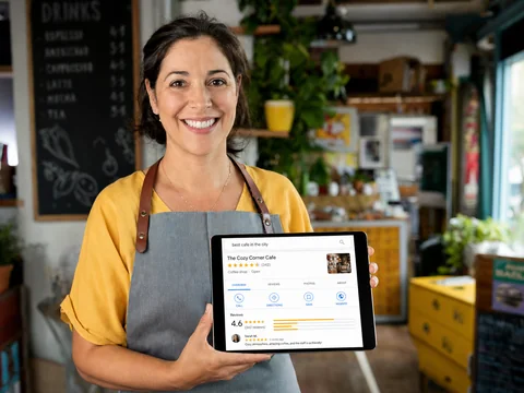Smartphone showing local business search results with a map, location pins and star ratings.