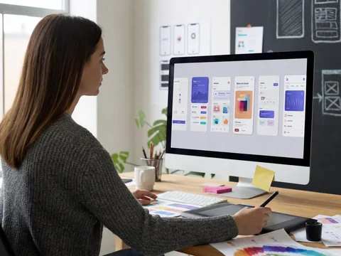 Colorful mobile app interface designs and dashboards illustrating UI/UX design services.
