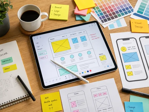 UI/UX designer workspace with a tablet showing an app wireframe and colorful colour palette swatches.