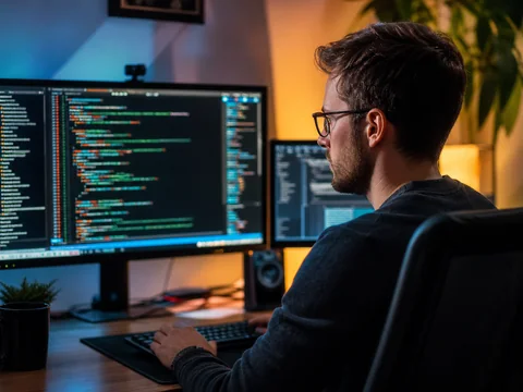 Laptop screen showing colorful programming code for website development.