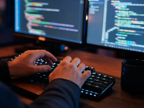 Modern developer workspace with dual monitors displaying code and a live website.