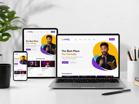 Responsive website shown across laptop, tablet and smartphone screens.