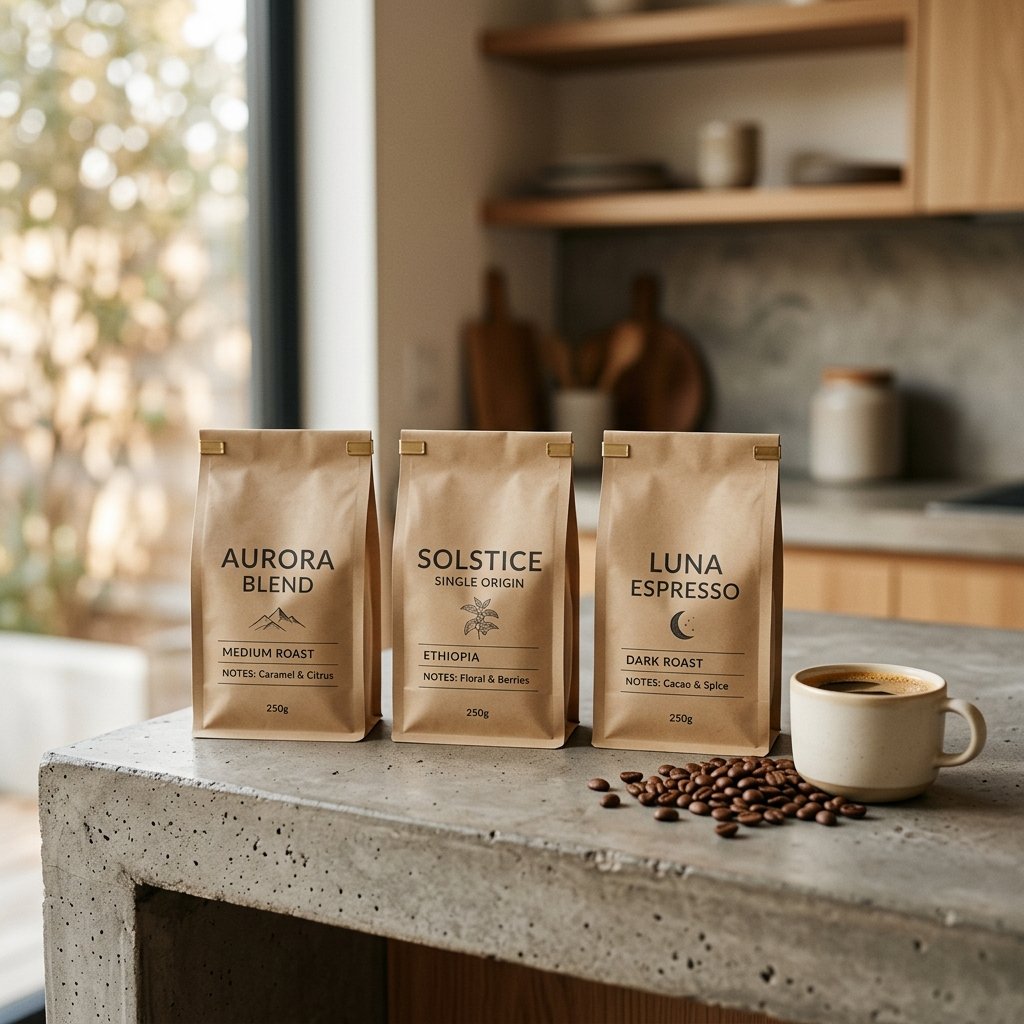 Specialty coffee bags and fresh beans on a warm wooden counter — Brewhaus Coffee Roasters