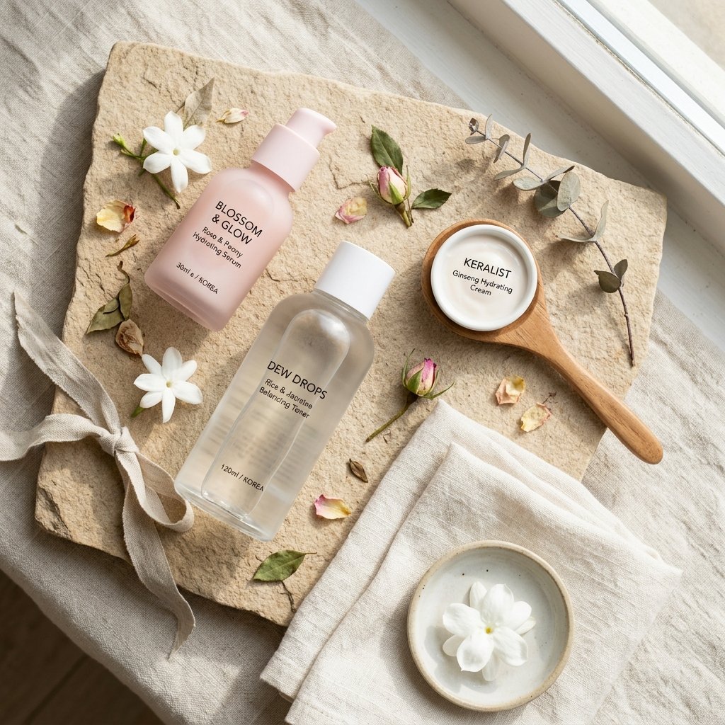 Premium K-beauty skincare and cosmetics flatlay in soft light — Hanari Beauty brand and e-commerce