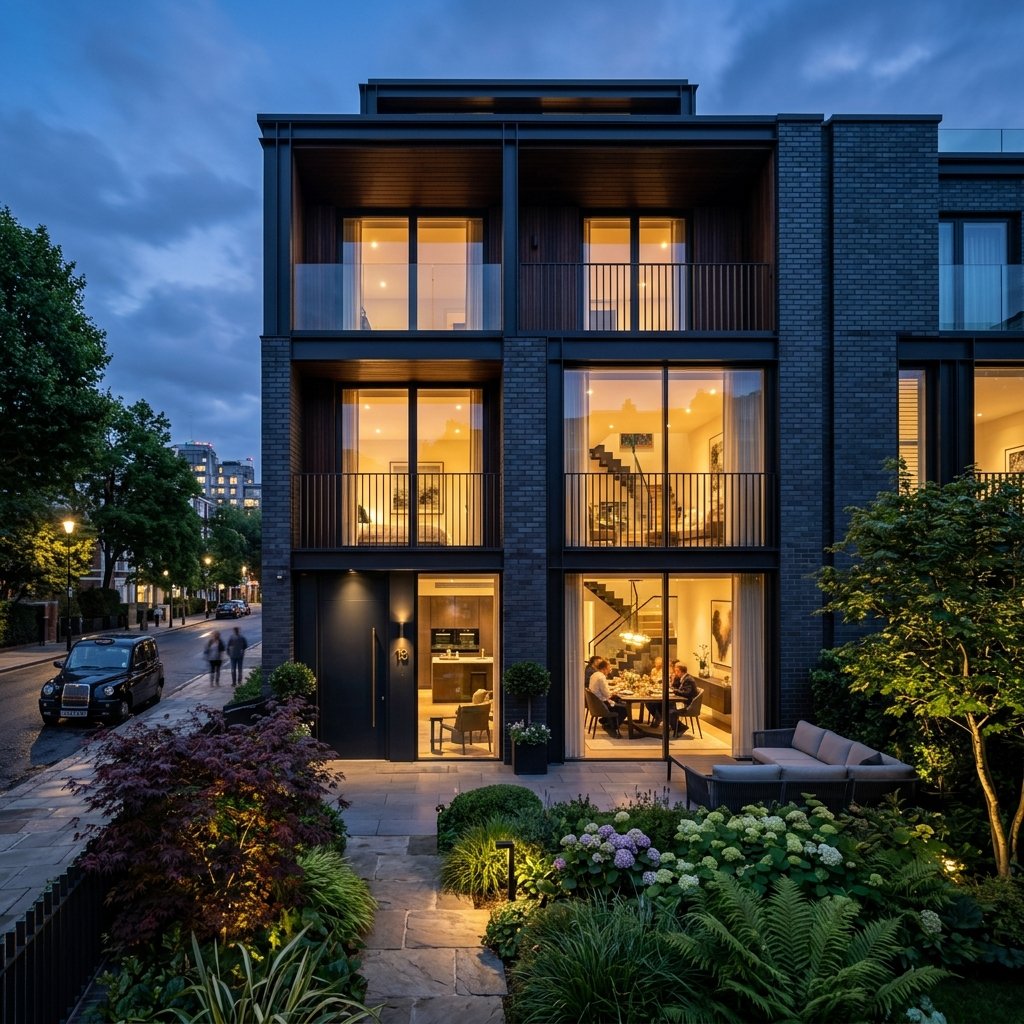 Contemporary London home exterior at dusk with warm interior lights — Highgate Estates property marketing