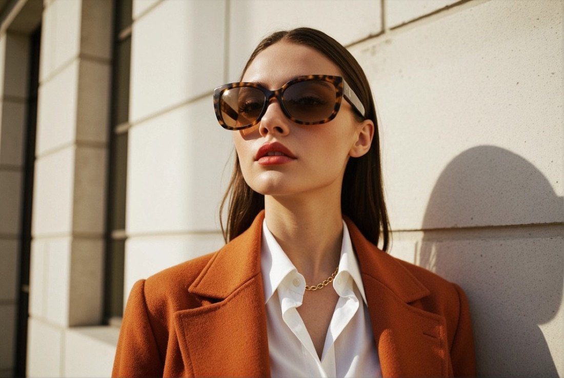 Editorial fashion model in a tailored coat and sunglasses — Marchetti Milano luxury fashion label