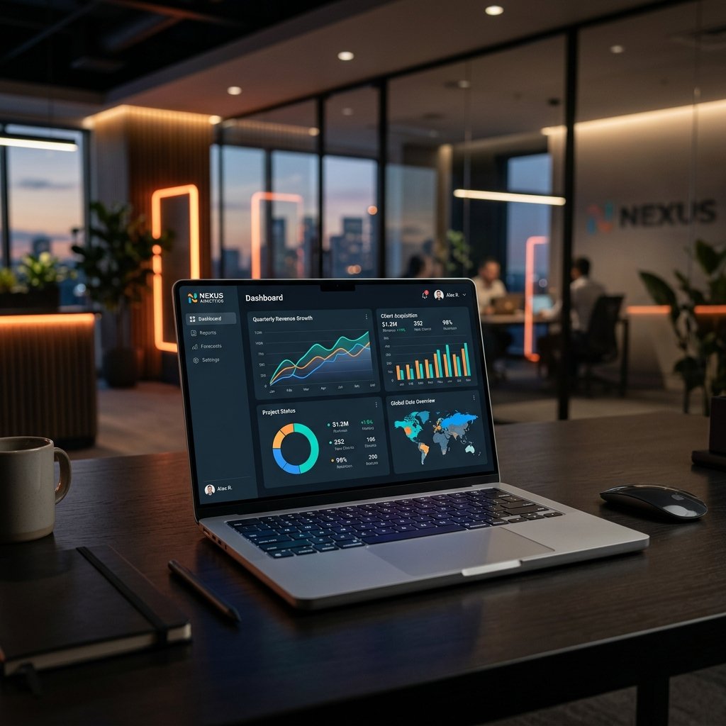 Analytics dashboard on a laptop in a modern workspace — Nimbus Analytics B2B SaaS platform