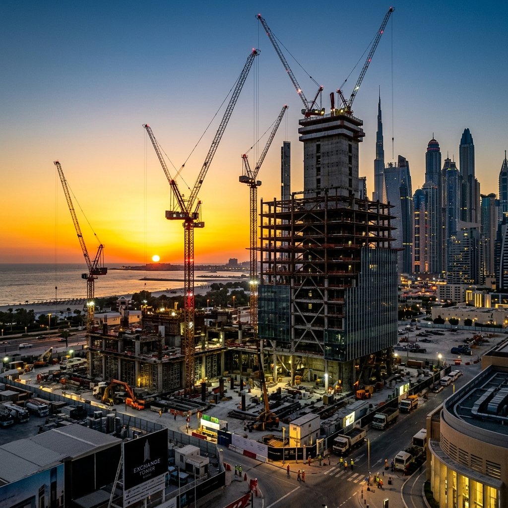 Steel-frame commercial construction site with cranes at golden hour — Onyx Construction Group Dubai
