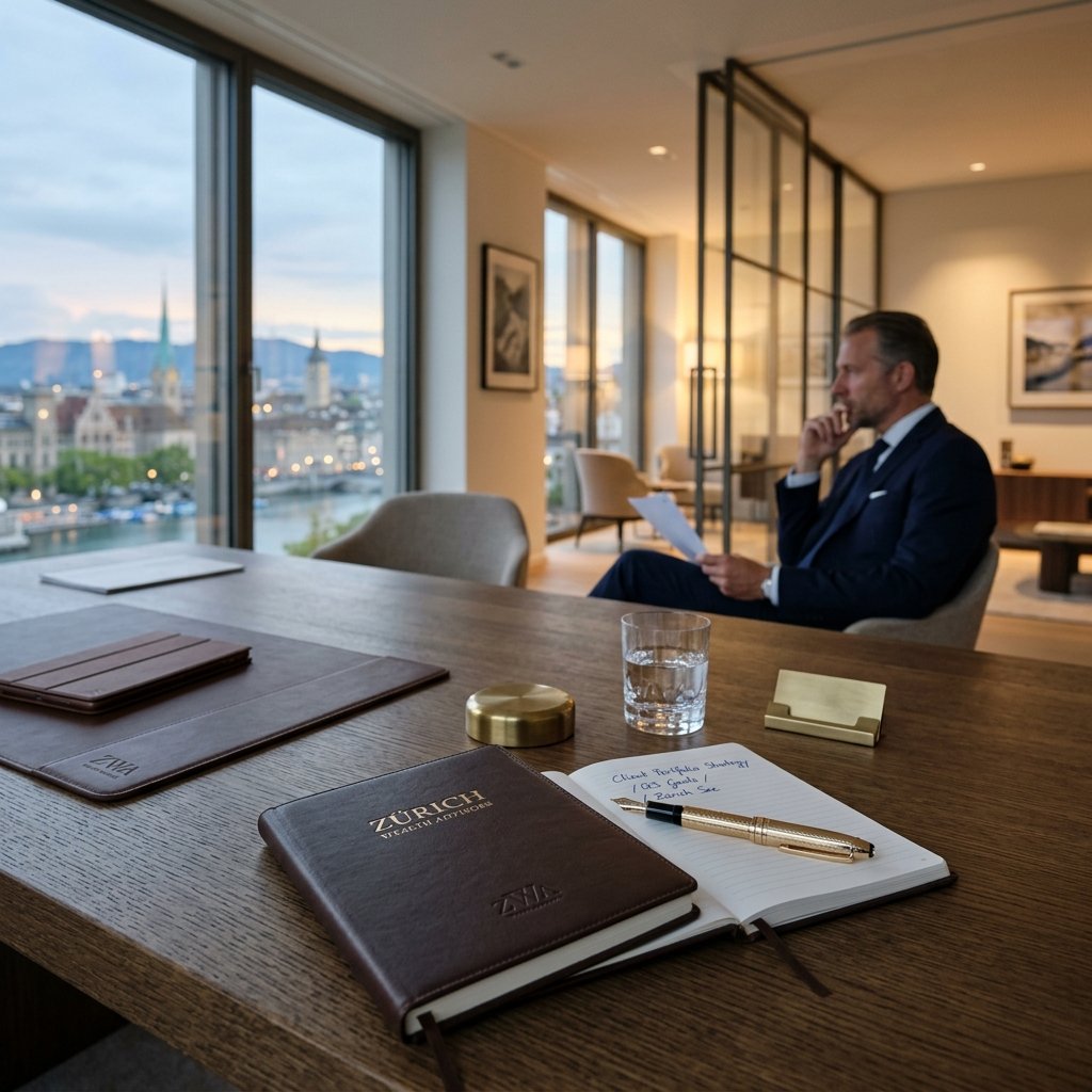 Financial advisor meeting clients in a calm modern Zurich office — Sterling Wealth Partners advisory